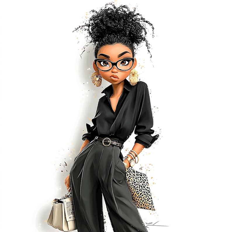K&ouml;nnte beinhalten: Illustration einer stilvollen Frau in einem schwarzen Hemd, einer hoch taillierten Hose und Goldschmuck. Sie tr&auml;gt eine Brille und h&auml;lt eine cremefarbene Handtasche und eine Clutch mit Leopardenmuster. Ihr Haar ist zu einem hohen Dutt gestylt.