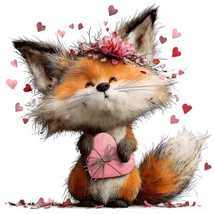 May include: A cartoon fox with orange and white fur, wearing a floral crown, holds a pink heart-shaped gift. Pink and red hearts float around the fox, and petals are scattered at the bottom. The fox has a happy expression.