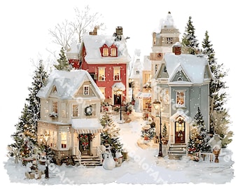 Imágenes prediseñadas de un pueblo navideño: Acuarela de una ciudad invernal vintage (Descarga digital - 26 imágenes PNG)