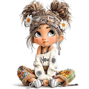 Puede incluir: Ilustración de dibujos animados de una niña con ojos grandes, que lleva un suéter blanco con la palabra "You" y diseños florales. Tiene una diadema estampada, detalles de margaritas y pantalones coloridos. Su pelo está peinado en dos moños.