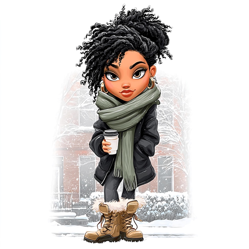 May include: Cartoon illustration of a person bundled up in winter attire. The person wears a black coat, a green scarf, and tan boots. They hold a coffee cup. The background shows a snowy scene with a building.