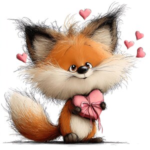 May include: A cartoon fox with orange and white fur, holding a pink heart-shaped gift tied with a pink ribbon. Several pink hearts float around the fox. The fox has big eyes and a friendly expression.