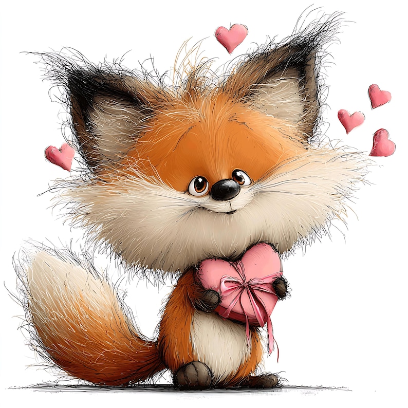 May include: A cartoon fox with orange and white fur, holding a pink heart-shaped gift tied with a pink ribbon. Several pink hearts float around the fox. The fox has big eyes and a friendly expression.