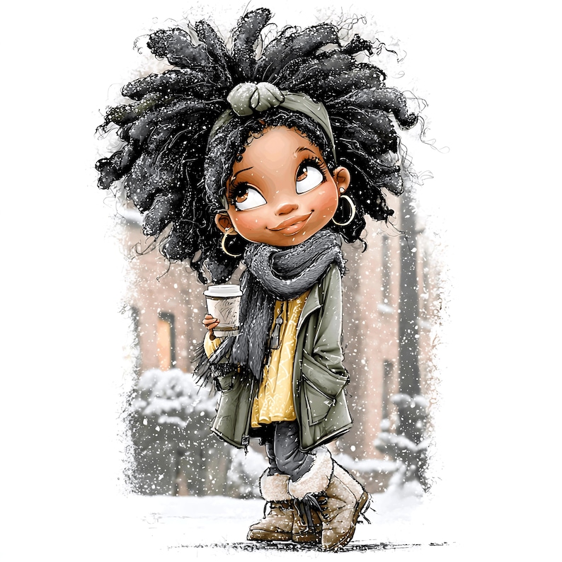 May include: Illustration of a cartoon girl in winter attire, holding a coffee cup. She wears a gray scarf, olive green coat, yellow shirt, and fur-lined boots. Her black curly hair is styled with a headband. The background shows a snowy street scene.