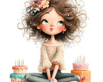 16 Clipart di ragazze stravaganti con torta di compleanno carina e stravagante (PNG - Download digitale)