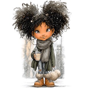 May include: Illustration of a cartoon girl with dark curly hair, wearing a green coat, gray scarf, and brown boots. She holds a coffee cup and a fluffy bag, with snowflakes falling around her. The girl has large hoop earrings.