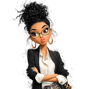 K&ouml;nnte beinhalten: Illustration einer stilvollen Frau mit lockigem schwarzem Haar, die eine Brille, goldene Creolen, einen schwarzen Blazer und ein wei&szlig;es Hemd tr&auml;gt. Ihre Arme sind verschr&auml;nkt, und sie hat einen selbstbewussten Ausdruck. Das Bild hat einen Aquarelleffekt.