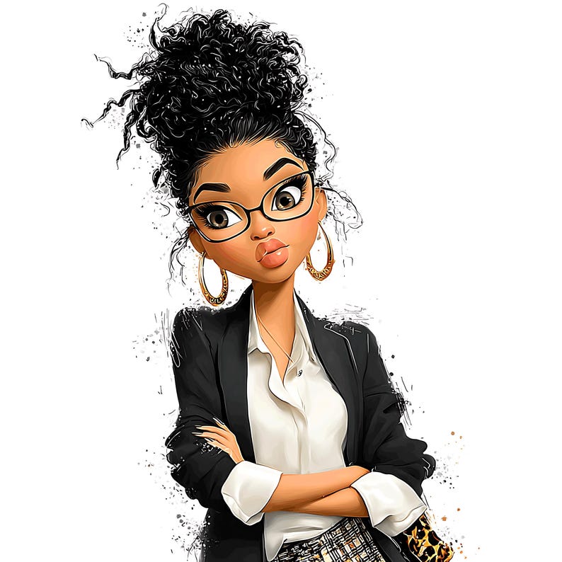 K&ouml;nnte beinhalten: Illustration einer stilvollen Frau mit lockigem schwarzem Haar, die eine Brille, goldene Creolen, einen schwarzen Blazer und ein wei&szlig;es Hemd tr&auml;gt. Ihre Arme sind verschr&auml;nkt, und sie hat einen selbstbewussten Ausdruck. Das Bild hat einen Aquarelleffekt.