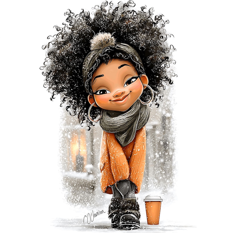 May include: Illustration of a smiling person with curly black hair, wearing a gray scarf, orange sweater, and black boots. The person is wearing a gray hat with a pom-pom and large hoop earrings. A coffee cup is next to the person in a snowy scene.