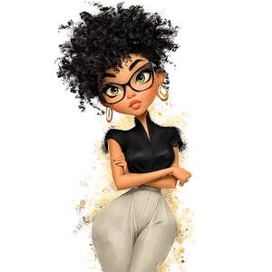 K&ouml;nnte beinhalten: Illustration einer stilvollen Frau mit lockigem schwarzem Haar, die eine schwarze Brille, ein schwarzes Oberteil und eine graue Hose tr&auml;gt. Sie hat goldene Creolen und die Arme verschr&auml;nkt. Der Hintergrund hat goldene Farbspritzer.