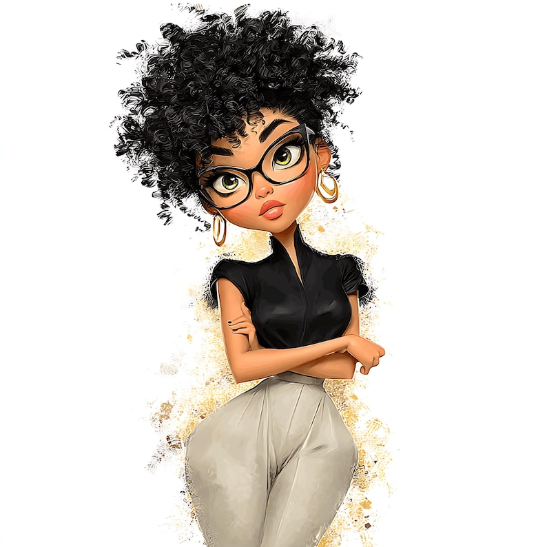 K&ouml;nnte beinhalten: Illustration einer stilvollen Frau mit lockigem schwarzem Haar, die eine schwarze Brille, ein schwarzes Oberteil und eine graue Hose tr&auml;gt. Sie hat goldene Creolen und die Arme verschr&auml;nkt. Der Hintergrund hat goldene Farbspritzer.