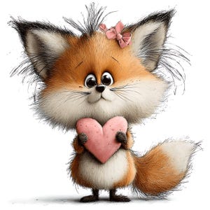 May include: A cartoon illustration of a cute fox holding a pink heart. The fox has orange and white fur, big eyes, and a pink bow. The image is on a white background.