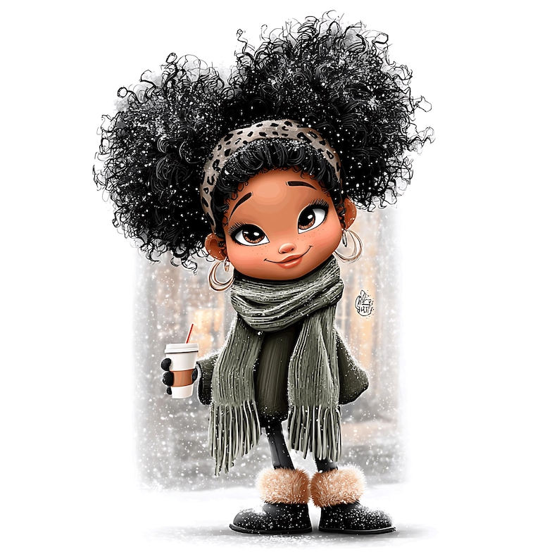 May include: Illustration of a cartoon girl with curly black hair, wearing a leopard print headband, hoop earrings, and a green scarf. She holds a coffee cup with a red straw and wears black boots with fur trim. Snow falls in the background.