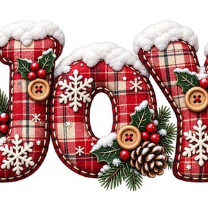 Può includere: Un'insegna decorativa in peluche che forma la parola JOY in tessuto scozzese rosso e beige. Ogni lettera è ricoperta di neve artificiale bianca e decorata con fiocchi di neve in feltro, bottoni in legno, agrifoglio, bacche rosse e pigne.