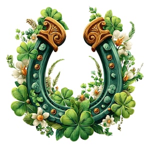 May include: A green horseshoe with gold detailing, decorated with shamrocks, white flowers, and foliage. The horseshoe is a symbol of good fortune, ideal for St. Patrick's Day or Irish-themed decorations.