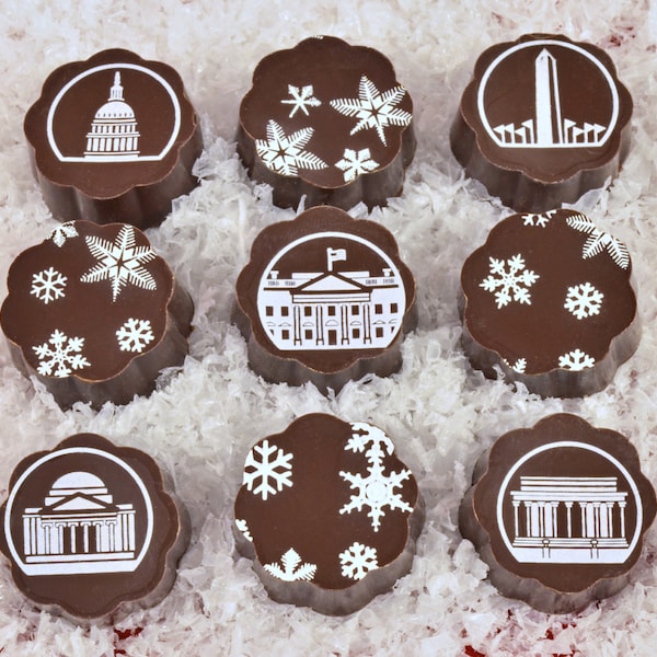 Winter in Washington DC CHOCOLATES | Washington Monuments Snowflakes Happy Holidays DC Capital Chocolate Covered Caramels