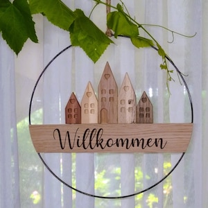 Metal ring 30 cm, decorative ring with houses, front door ring