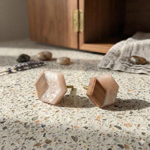 Handmade Hexagon Wood and Resin Knobs, Modern Drawer Pulls