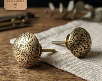 Handcrafted Brass Knob – Etched Floral Design, Gold Finish