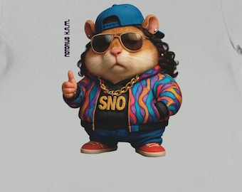 May include: Light gray t-shirt featuring a cartoon hamster wearing sunglasses, a blue cap, and a colorful jacket. The hamster is giving a thumbs-up. The shirt has the word "SNO" on it.