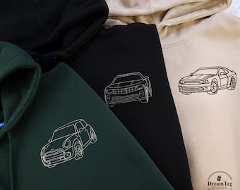 Car Photo Portrait Embroidered Hoodie, Custom Line Art Sketch Matching Hoody, Car Guy Jumper, 80th Birthday Gifts, Christmas Present for Him