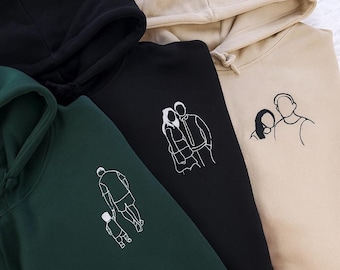 Embroidered Portrait Sketch Hoodies, Custom Outline Drawing Comfy Jumper, Personalised Couples Date On Sleeve Hoody, Christmas Gifts for Him