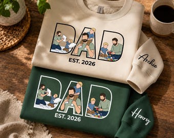 Personalised Dad Portrait from Photo Sweatshirt, Custom Faceless Sketch Printed Sweater, Matching Family Jumper, Father’s Day Gift for Dad