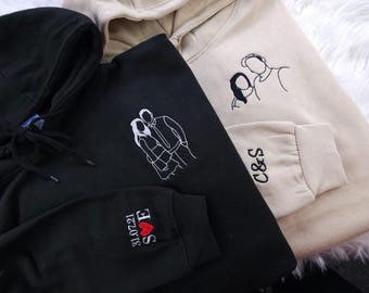 Embroidered Sketch Portrait Hoodies, Custom Outline Drawing Hoody, Personalised Couples Date On Sleeve Jumpers, Christmas Gifts for him