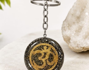 Natural Pyrite OM Symbol Orgonite Keychain | Crystal Healing Protection Keyring