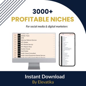 May include: A digital marketing resource with the text "3000+ Profitable Niches" and "For social media & digital marketers." The image shows a computer monitor and a smartphone displaying niche ideas. The bottom text reads "Instant Download By Elevatika."