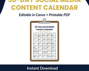 30-Day Social Media Content Calendar: Printable Planner, Canva Template (Digital Download)