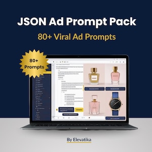 Könnte beinhalten: Ein Laptop zeigt eine Webseite mit Produkt-Mockups für Parfums und Uhren. Der Text "JSON Ad Prompt Pack" und "80+ Viral Ad Prompts" ist sichtbar. Eine goldene Stern-Grafik zeigt "80+ Prompts". Unten auf dem Bildschirm steht "By Elevatika".