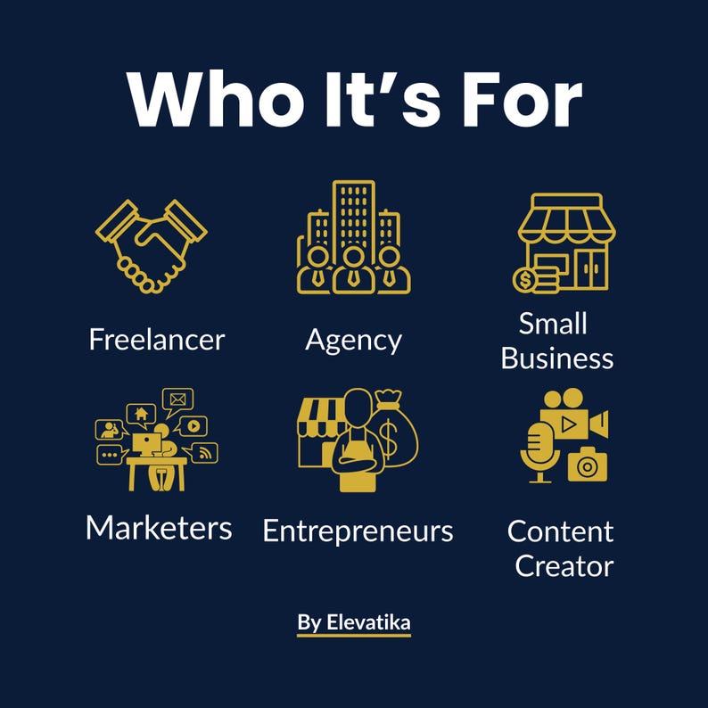 May include: A navy blue graphic with gold icons and text. The text reads "Who It's For" above icons representing a freelancer, agency, small business, marketers, entrepreneurs, and content creator. The text "By Elevatika" is at the bottom.