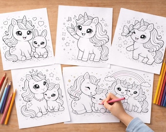 Página para colorear de unicornio en PDF para niños de 3 a 8 años • 5 páginas imprimibles kawaii • Unicornio arcoíris • Descarga instantánea