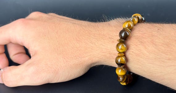 Men's Tiger Eye bead and chip bracelet, Sterling Silver magnetic clasp
