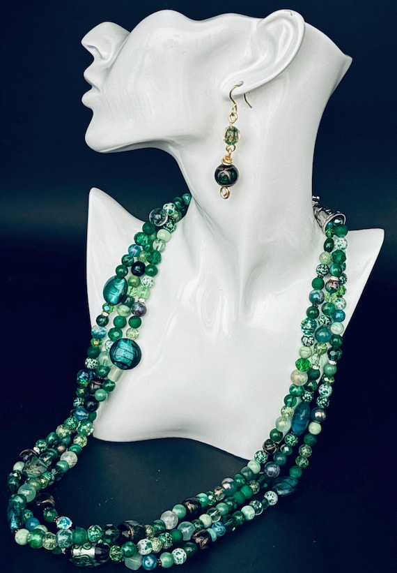 Emerald Green Beaded Necklace & Earrings Set, Handmade Jewelry