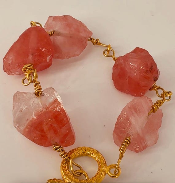 Large chunky red Quartz nuggets bracelet with gold elements