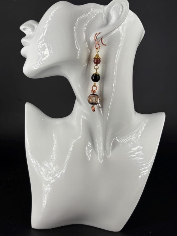 Vintage Czech glass bead earrings, black white gold brown copper coloured