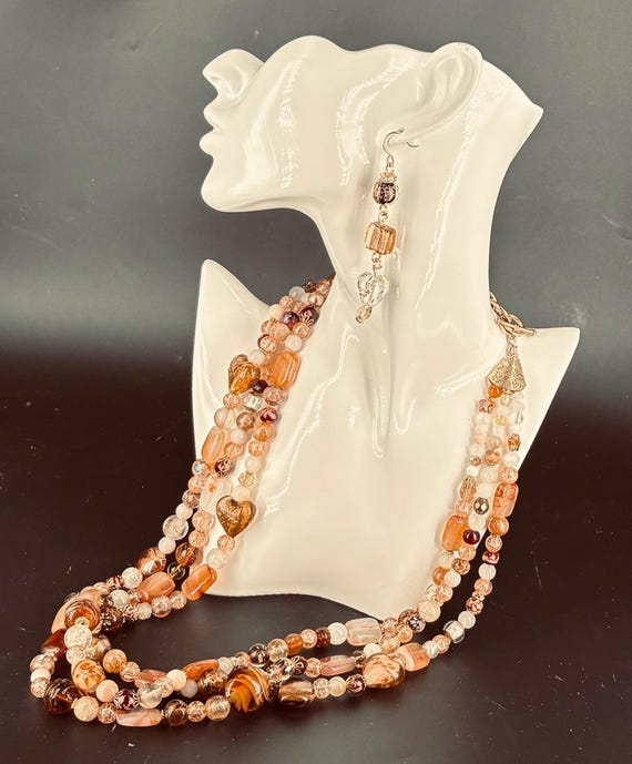 Boho Chic Beaded Necklace and Earrings, Earth Tone Jewelry