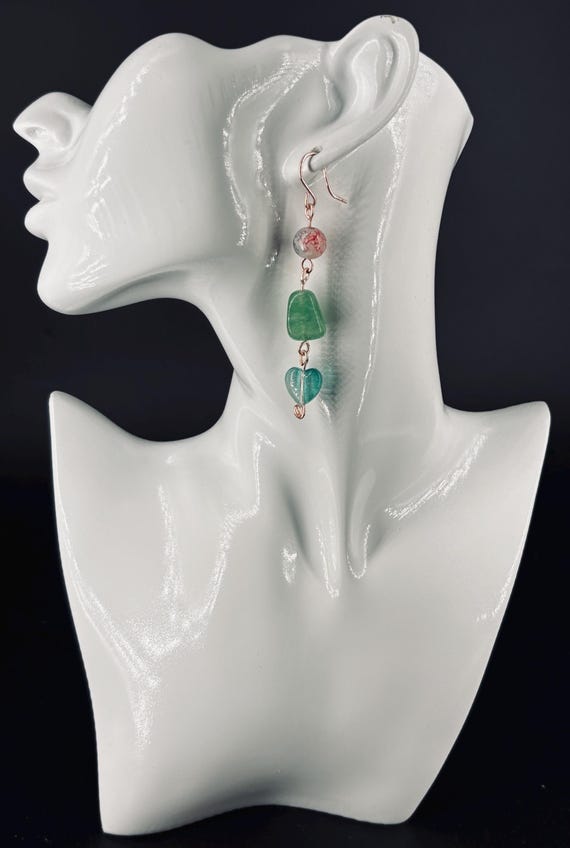 Green and pale pink glass and stone earrings