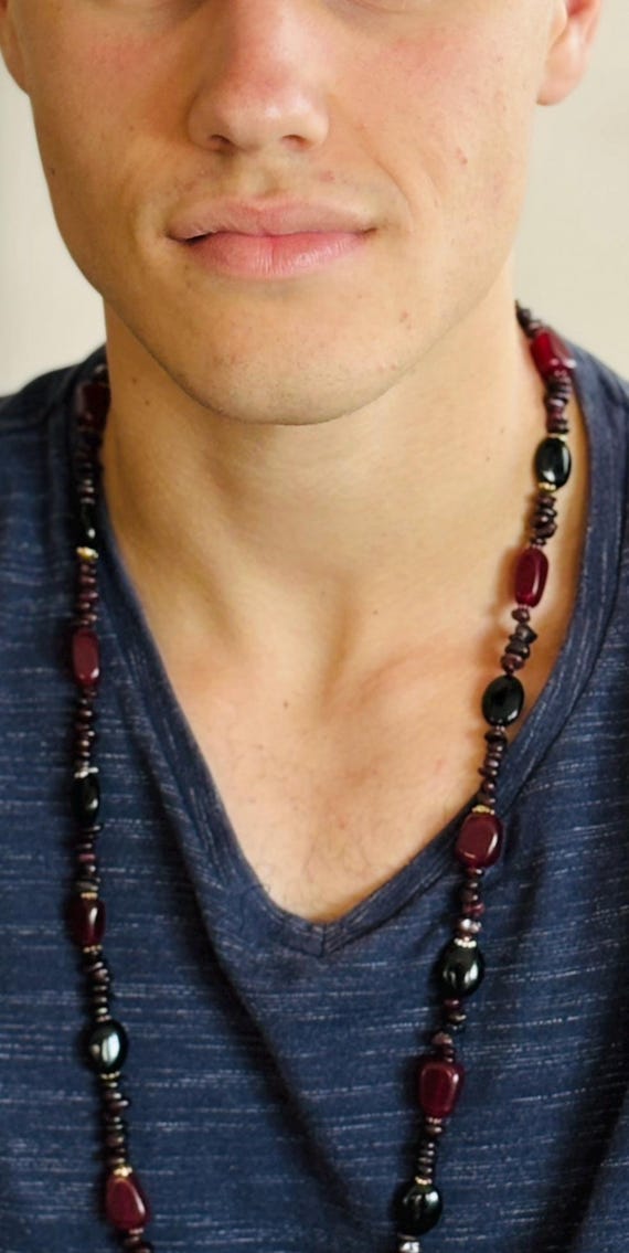 Fashion trends 2026. Unique handmade necklace, Red Garnet Chip & Black Agate Necklace