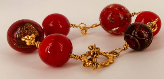 Red glass beads statement bracelet