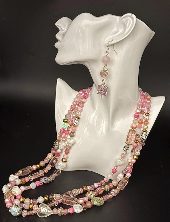 Pink Bohemian Crystal Bead Multistrand Necklace with Earrings. On trend for 2026