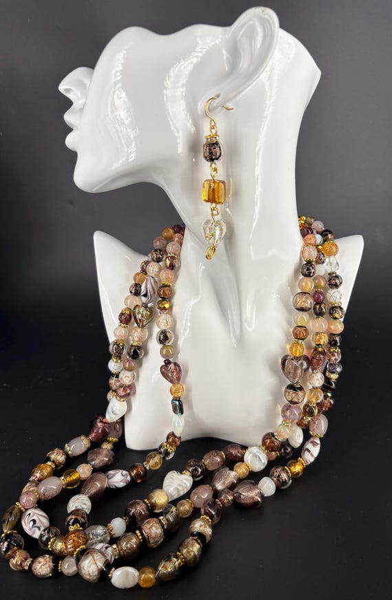 On trend for 2026. White Gold & brown 3 strand Czech glass and crystal necklace + earrings