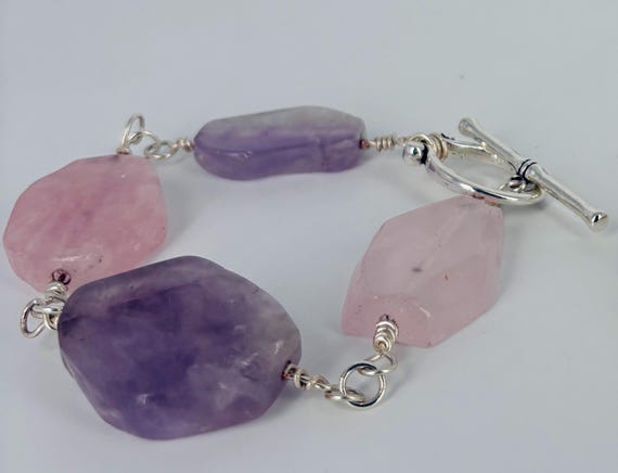 Rose Quartz and Amethyst slab bead bracelet with silver wire