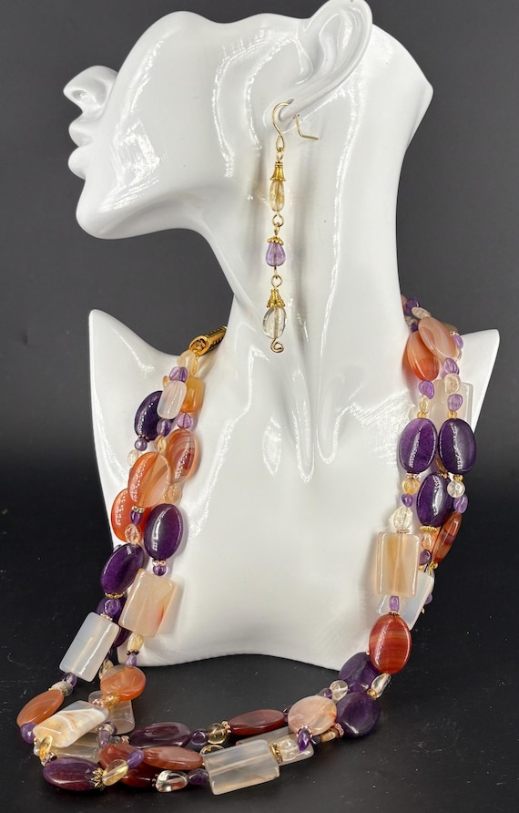 Amethyst Agate Ametrine beaded necklace + matching earrings
