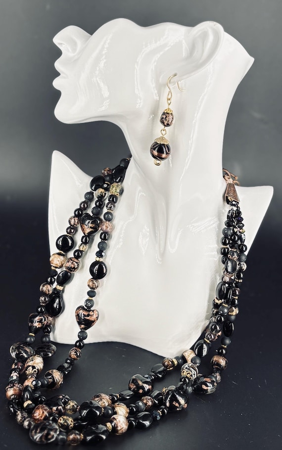 BLACK + GOLD on trend 2026. Big, bright, bold multistrand, Czech glass heart beads statement necklace + earrings