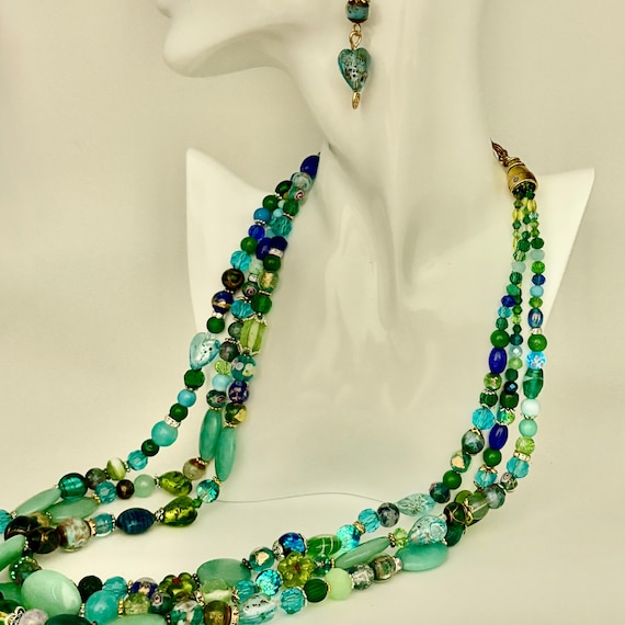 Aquamarine Turquoise coloured Amazonite and glass multi strand statement necklace + earrings