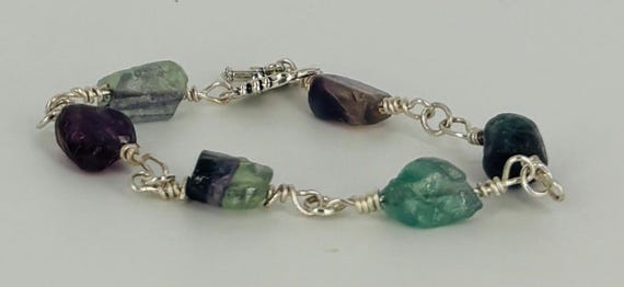 Petite green, purple, blue Fluorite nugget beads bracelet, silver elements