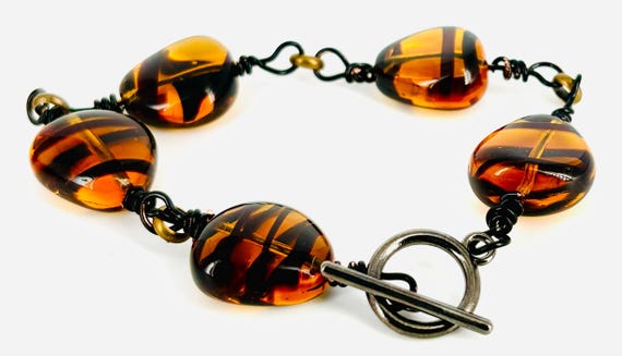 Tiger-stripe large glass beads bracelet, brown with black stripes